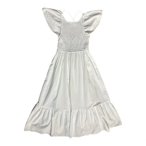 ZARA WHITE COTTON FLUTTER SLEEVE CROCHET BODICE CROSS BACK SUMMER MIDI DRESS - Picture 11 of 13